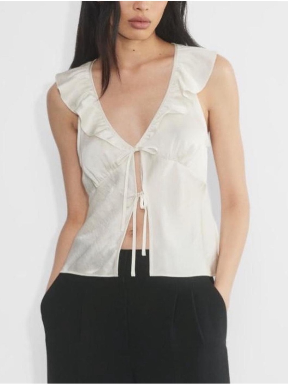 Aritzia Wilfred Tonka Cream Satin Ruffle-Shoulder Tie-Front Blouse